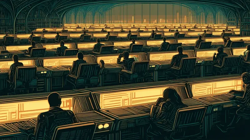 Hundreds of identical amber workstations in a vast room, no competitive advantage visible