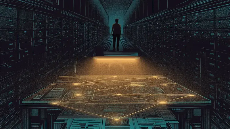 A researcher standing before a glowing constellation pattern on a table, surrounded by filing cabinets of data receding into darkness, the pattern larger than any single document