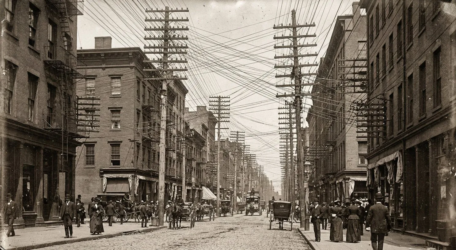 1890s American street crowded with overlapping telephone and electric poles and wires from competing utility companies, showing the physical waste of duplicate infrastructure before natural monopoly regulation