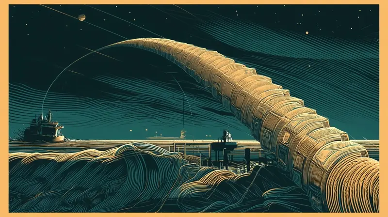 An enormous lifeline arcing through a dark sky toward a vessel on rough seas