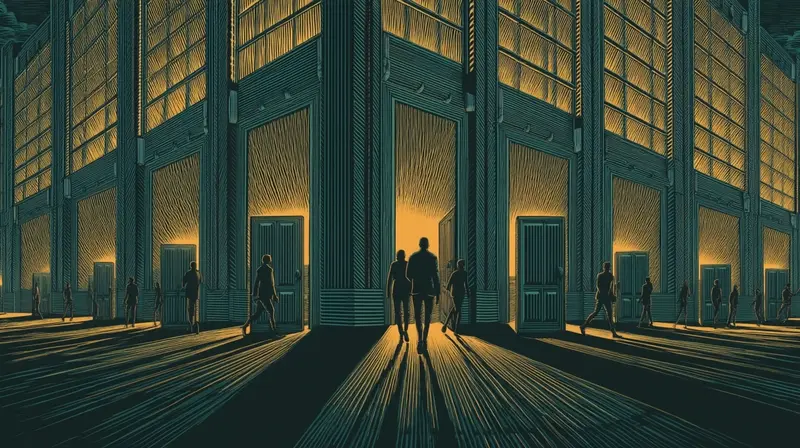 Silhouettes walking away from an amber building through separate exits simultaneously